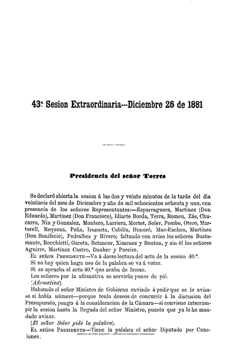 DIARIO DE SESIONES DE LA CAMARA DE REPRESENTANTES del 26/12/1881